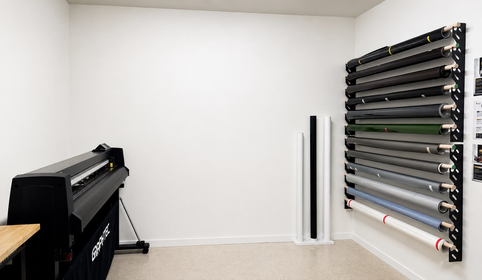 The cutting room at Gravity Garage: a Graphtec wide-format plotter on the left and a wall-mounted rack holding rolls of LUXE film in a range of finishes on the right.