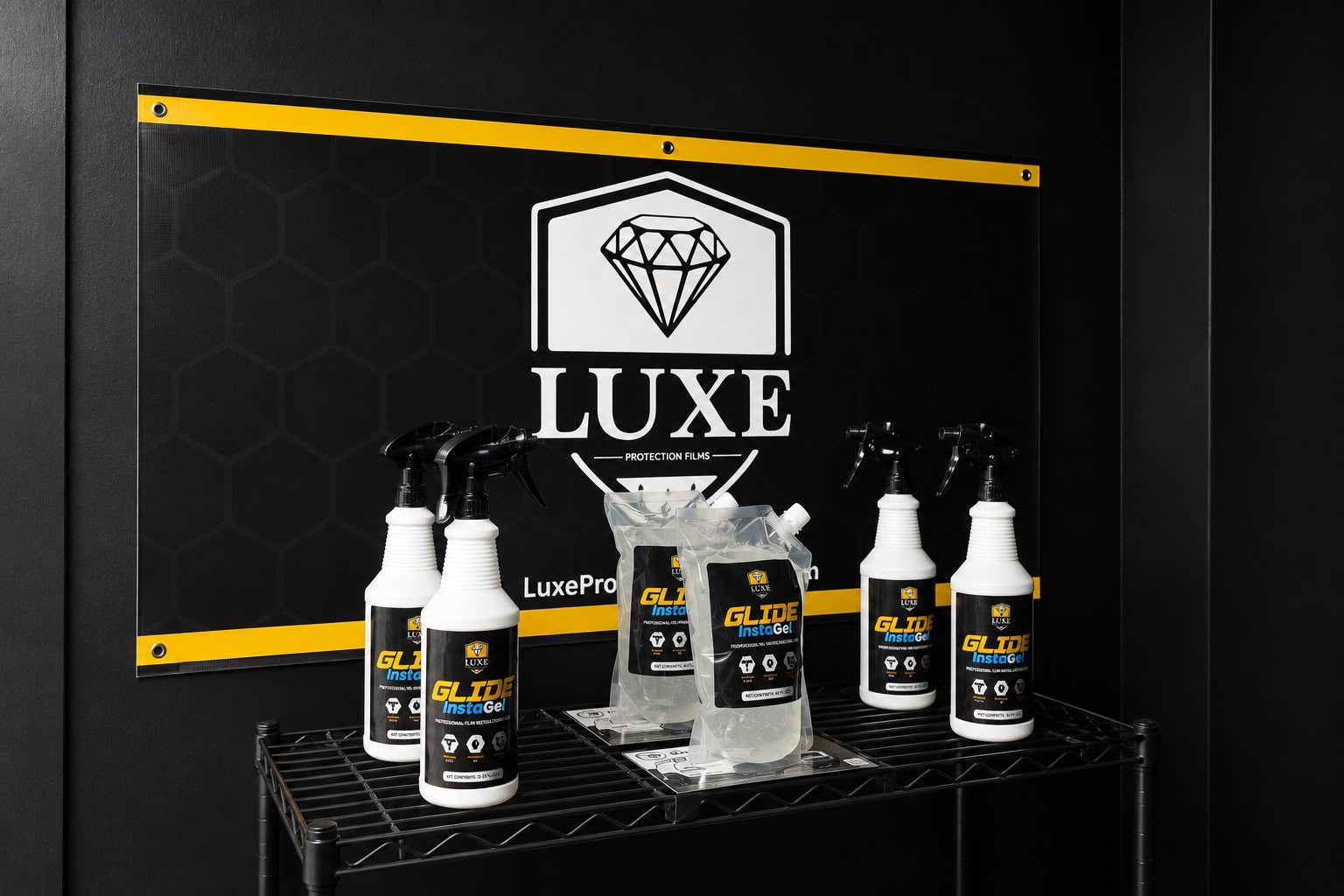 LUXE Glide InstaGel on a black wire shelf at the Southern California hub: 32 oz trigger-spray bottles and 64 oz refill pouches in front of a LUXE Protection Films banner.