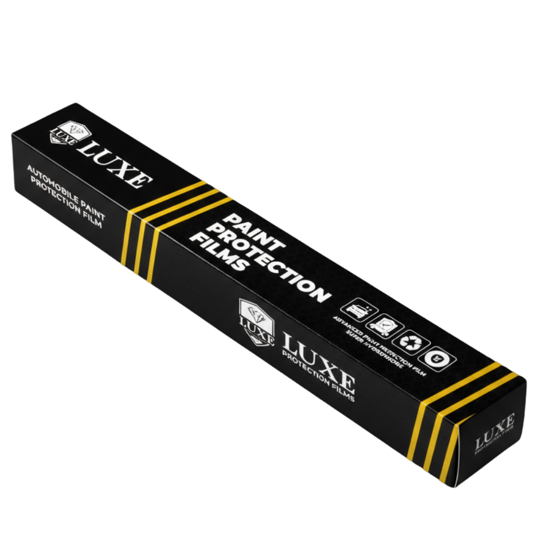 LUXE Black Series retail packaging: an all-black box with gold chevron banding and the LUXE Protection Films crest.