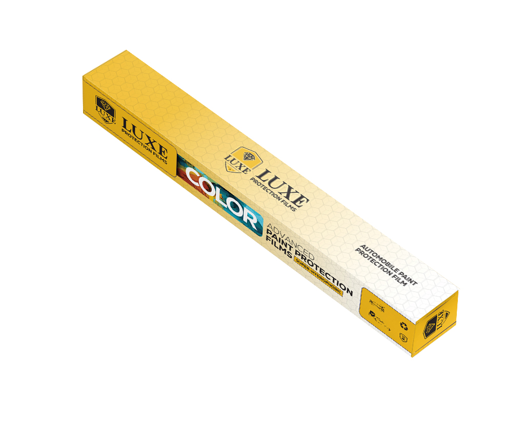 LUXE Color Series retail packaging: a gold and white honeycomb-patterned box with a colour spectrum panel reading COLOR Advanced Paint Protection Films.