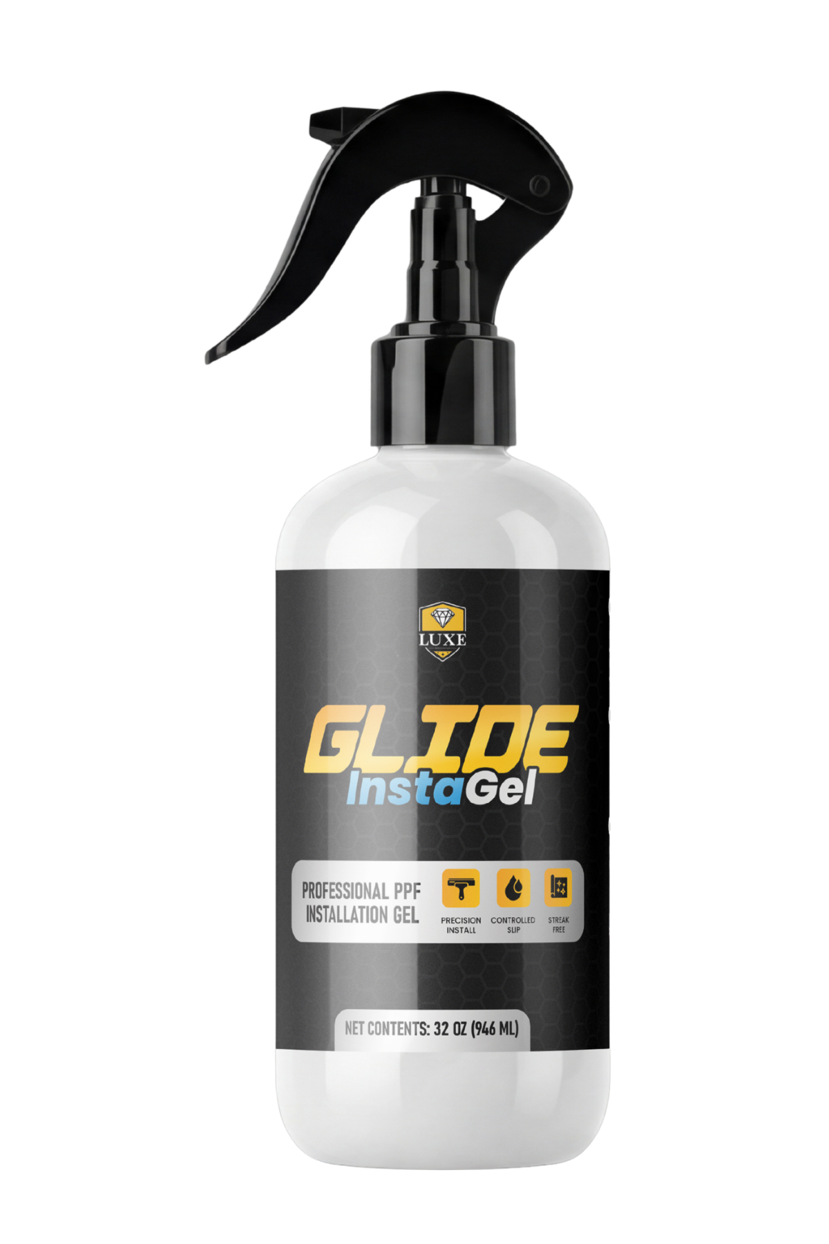 LUXE Glide InstaGel: a 32 oz white trigger-spray bottle with a black honeycomb label reading GLIDE InstaGel Professional PPF Installation Gel.