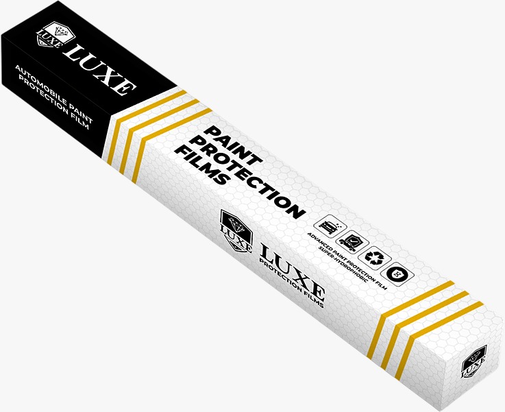 LUXE Gloss Is Boss retail packaging: a white honeycomb-patterned box with gold chevron banding and a black end panel reading Automobile Paint Protection Film.