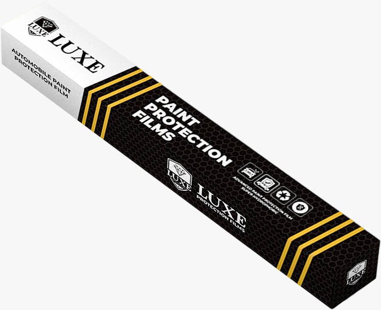 LUXE Stealth Matte retail packaging: a black honeycomb-patterned box with gold chevron banding and a white end panel.