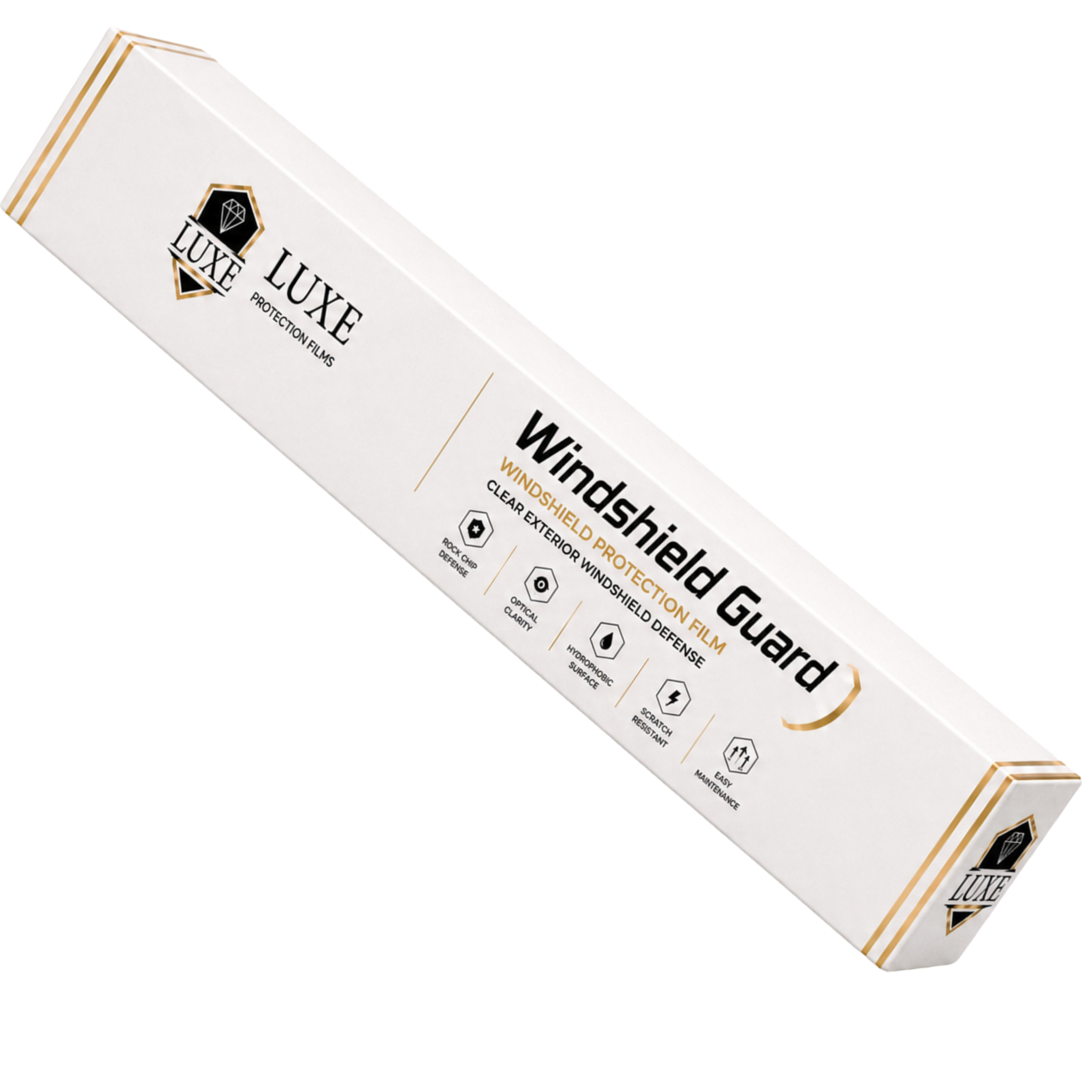 LUXE Windshield Guard retail packaging: a white box with gold foil edging, listing rock chip defense, optical clarity, hydrophobic surface, scratch resistance, and easy maintenance.